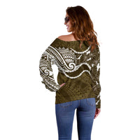 Aloha Hawaii Kalo Pikake Lei Off Shoulder Sweater Chest Tattoo Gold Hawaiian Pattern