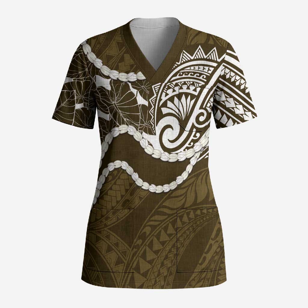 Aloha Hawaii Kalo Pikake Lei Scrub Top Chest Tattoo Gold Hawaiian Pattern