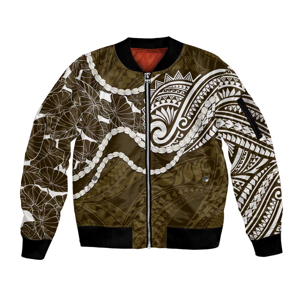 Aloha Hawaii Kalo Pikake Lei Sleeve Zip Bomber Jacket Chest Tattoo Gold Hawaiian Pattern