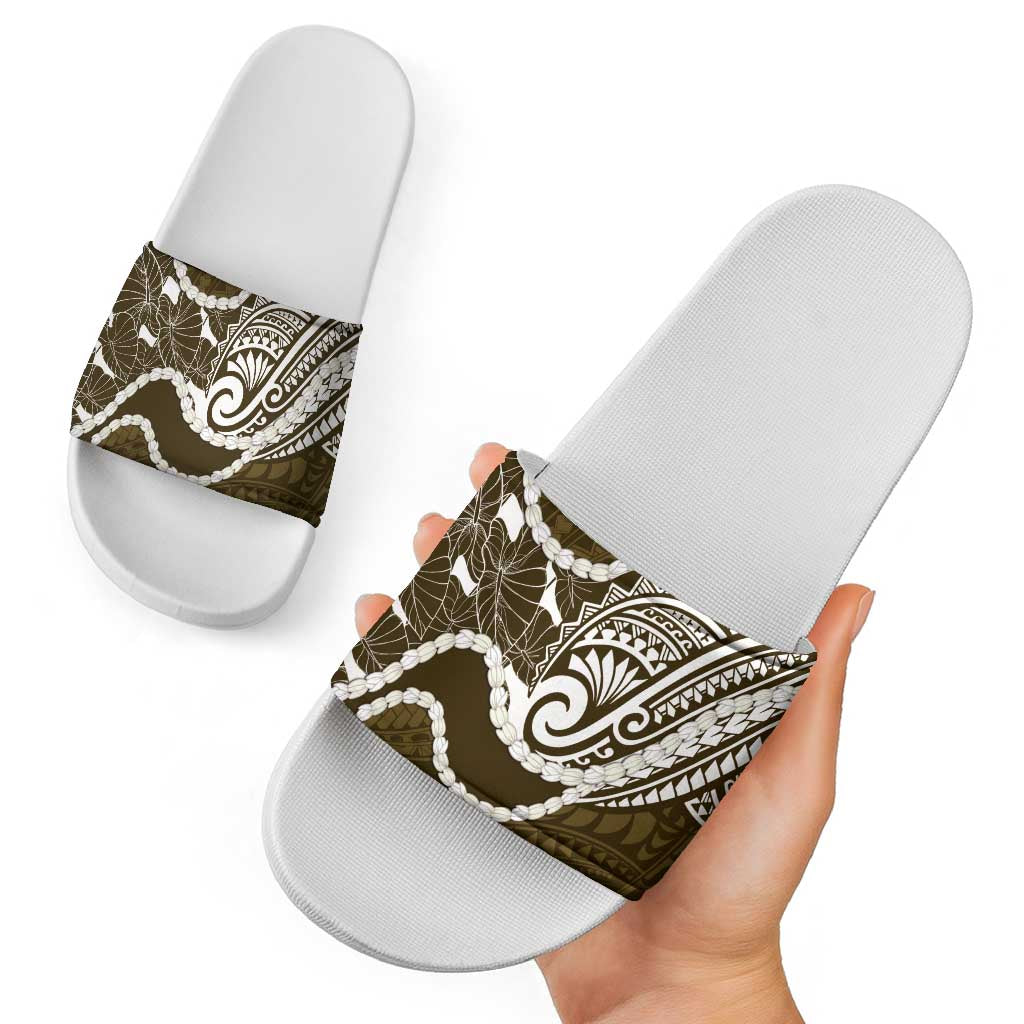 Aloha Hawaii Kalo Pikake Lei Slide Sandals Chest Tattoo Gold Hawaiian Pattern