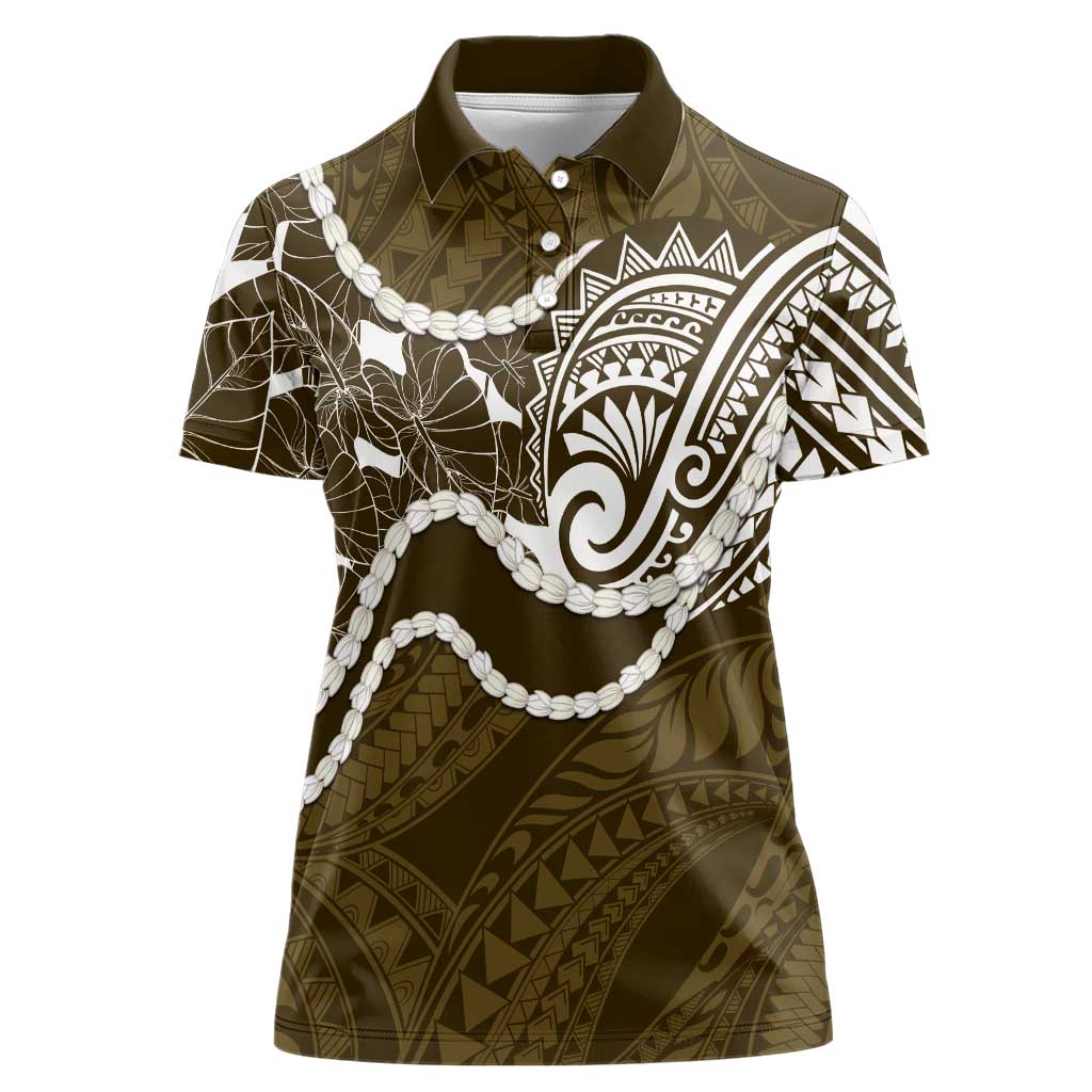 Aloha Hawaii Kalo Pikake Lei Women Polo Shirt Chest Tattoo Gold Hawaiian Pattern