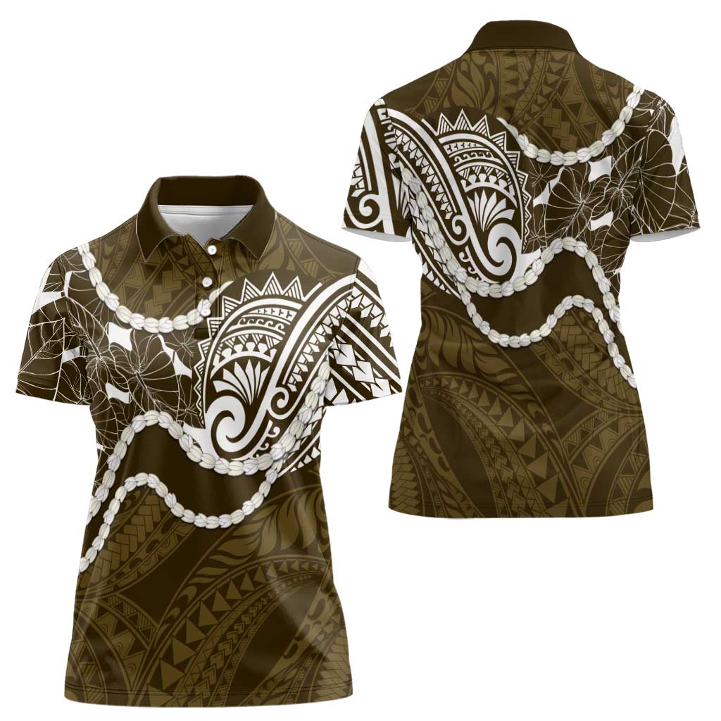 Aloha Hawaii Kalo Pikake Lei Women Polo Shirt Chest Tattoo Gold Hawaiian Pattern