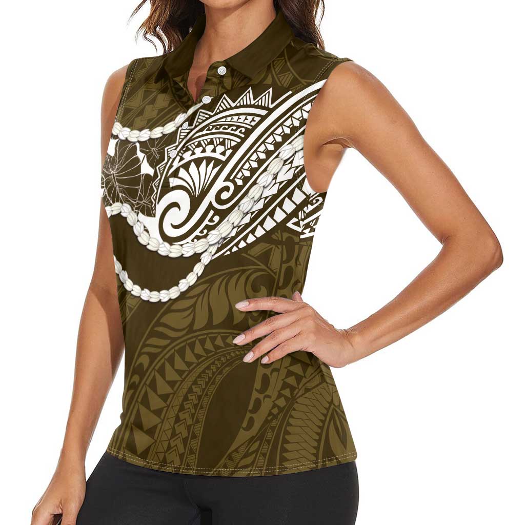 Aloha Hawaii Kalo Pikake Lei Women Sleeveless Polo Shirt Chest Tattoo Gold Hawaiian Pattern