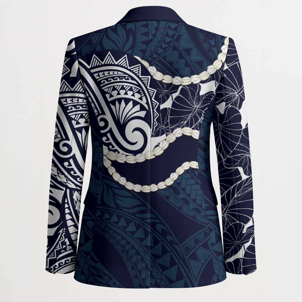 Aloha Hawaii Kalo Pikake Lei Blazer Chest Tattoo Oxford Blue Hawaiian Pattern