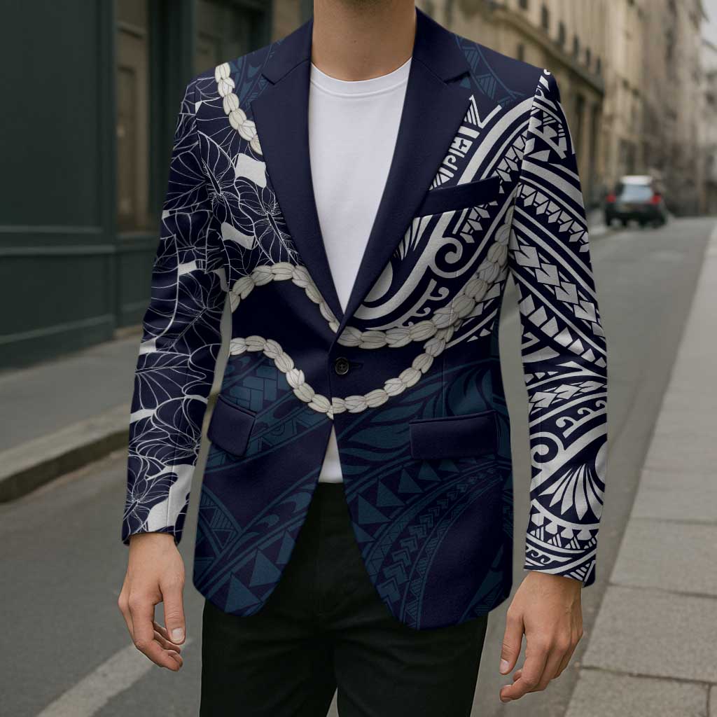 Aloha Hawaii Kalo Pikake Lei Blazer Chest Tattoo Oxford Blue Hawaiian Pattern