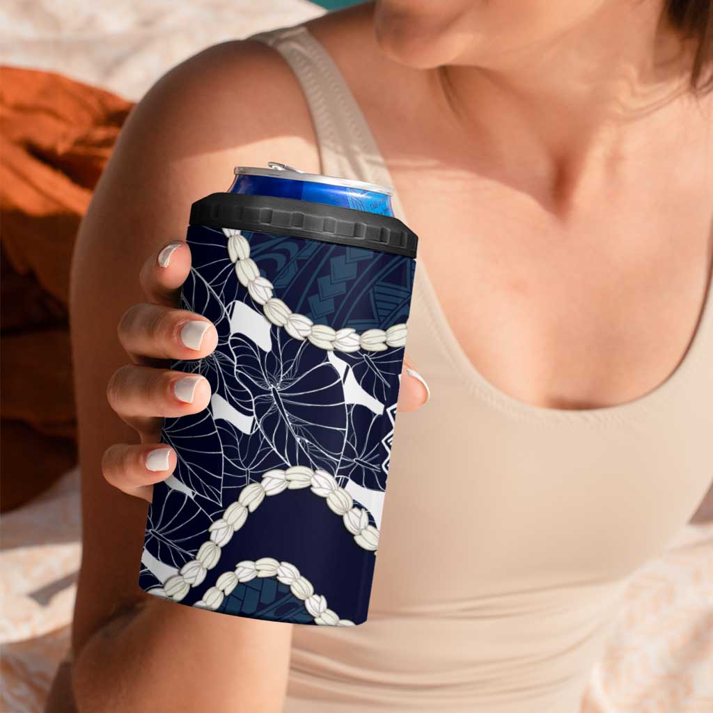 Aloha Hawaii Kalo Pikake Lei 4 in 1 Can Cooler Tumbler Chest Tattoo Oxford Blue Hawaiian Pattern