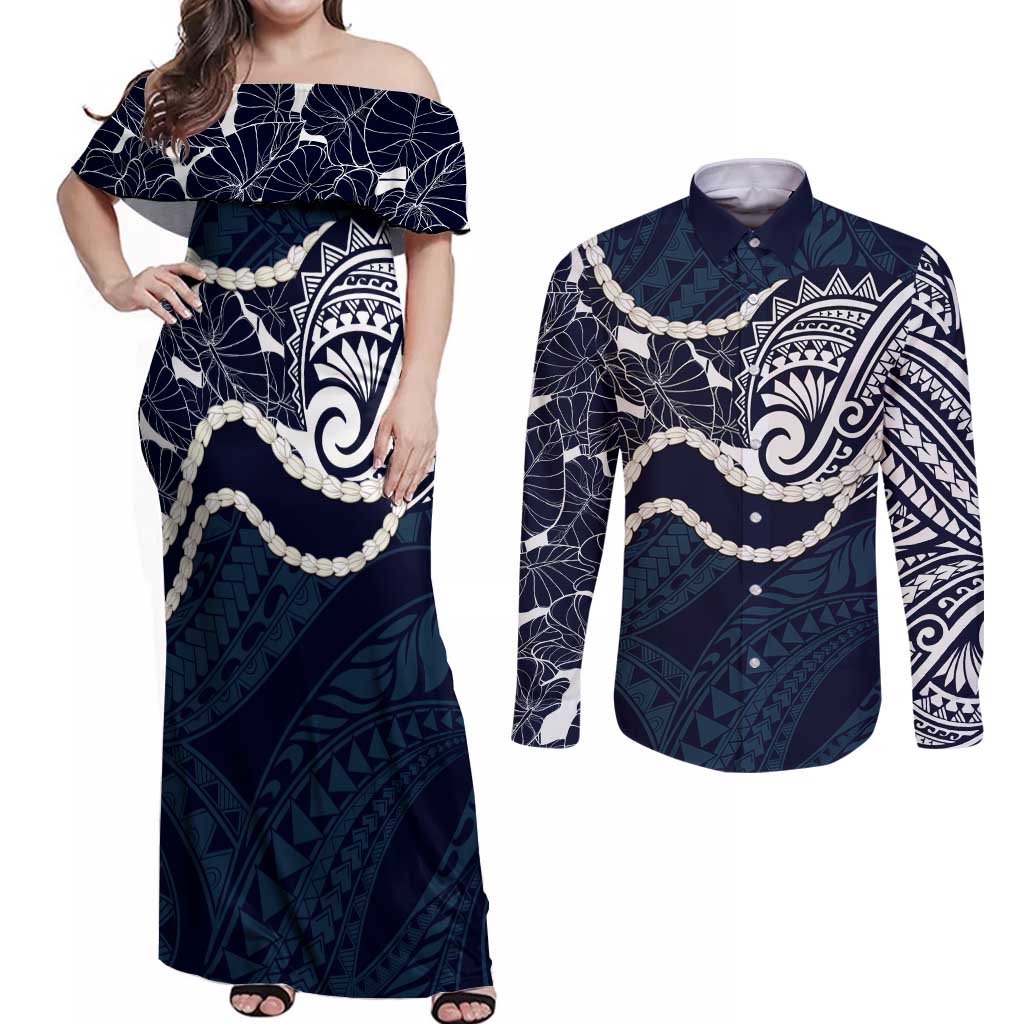 Aloha Hawaii Kalo Pikake Lei Couples Matching Off Shoulder Maxi Dress and Long Sleeve Button Shirt Chest Tattoo Oxford Blue Hawaiian Pattern