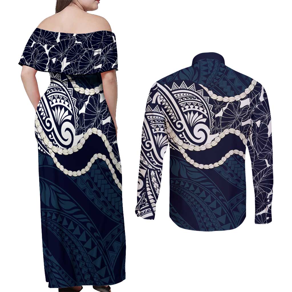 Aloha Hawaii Kalo Pikake Lei Couples Matching Off Shoulder Maxi Dress and Long Sleeve Button Shirt Chest Tattoo Oxford Blue Hawaiian Pattern