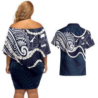 Aloha Hawaii Kalo Pikake Lei Couples Matching Off Shoulder Short Dress and Hawaiian Shirt Chest Tattoo Oxford Blue Hawaiian Pattern LT14 - Polynesian Pride