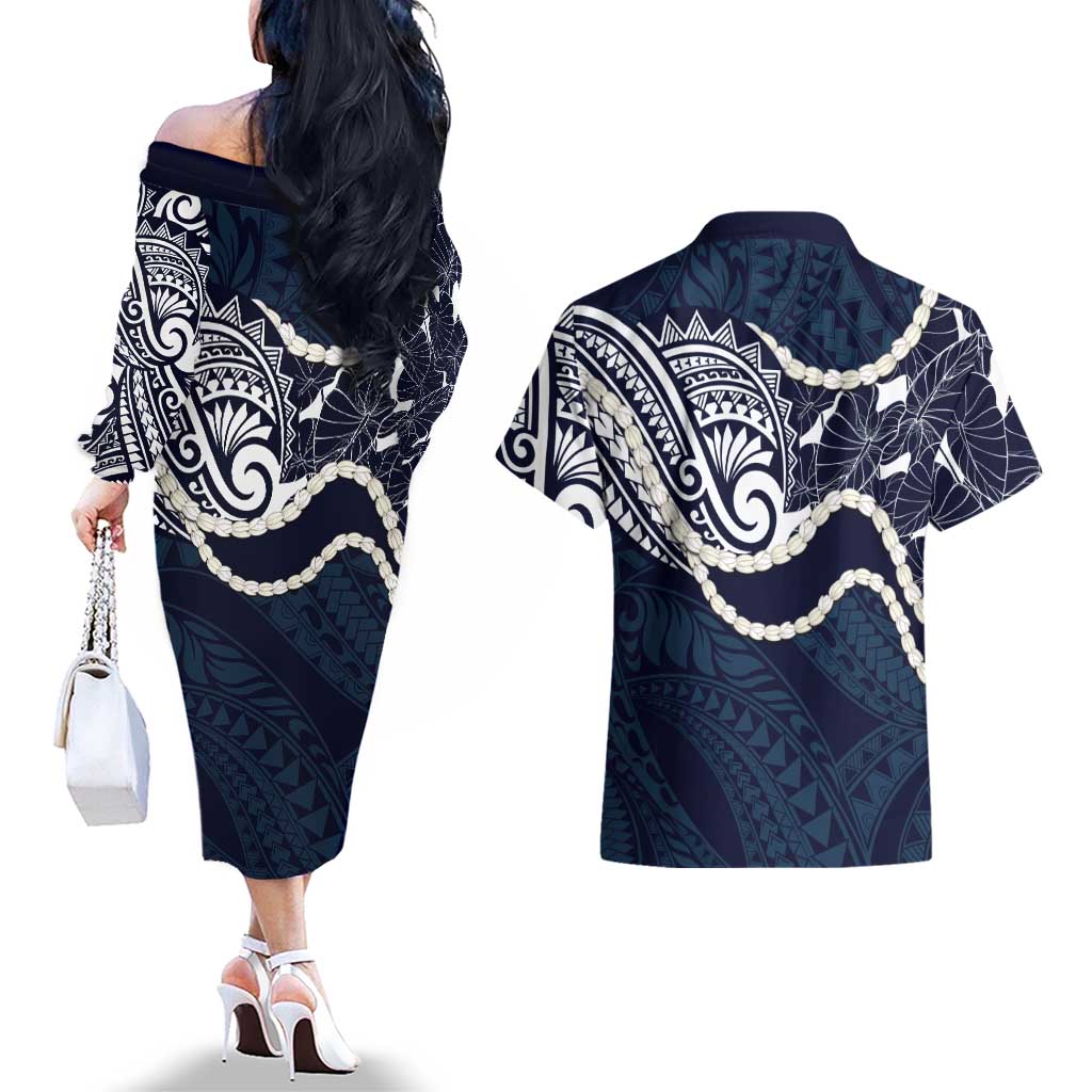 Aloha Hawaii Kalo Pikake Lei Couples Matching Off The Shoulder Long Sleeve Dress and Hawaiian Shirt Chest Tattoo Oxford Blue Hawaiian Pattern LT14 - Polynesian Pride