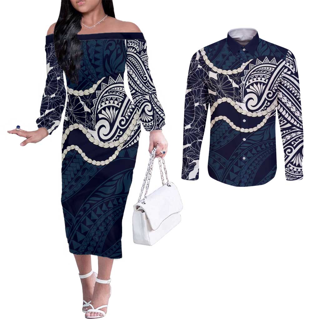 Aloha Hawaii Kalo Pikake Lei Couples Matching Off The Shoulder Long Sleeve Dress and Long Sleeve Button Shirt Chest Tattoo Oxford Blue Hawaiian Pattern LT14 Oxford Blue - Polynesian Pride
