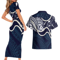 Aloha Hawaii Kalo Pikake Lei Couples Matching Short Sleeve Bodycon Dress and Hawaiian Shirt Chest Tattoo Oxford Blue Hawaiian Pattern LT14 - Polynesian Pride