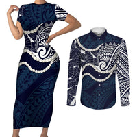 Aloha Hawaii Kalo Pikake Lei Couples Matching Short Sleeve Bodycon Dress and Long Sleeve Button Shirt Chest Tattoo Oxford Blue Hawaiian Pattern LT14 Oxford Blue - Polynesian Pride