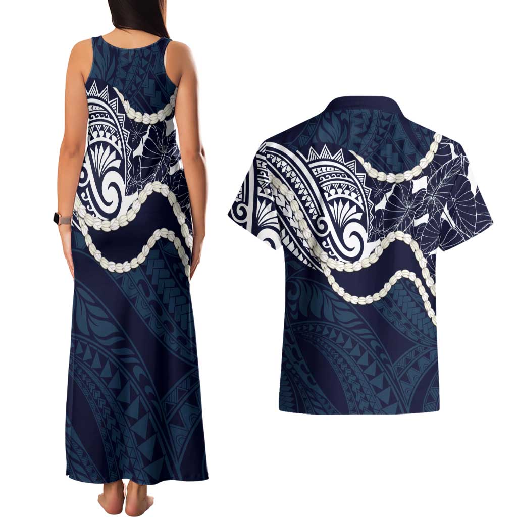 Aloha Hawaii Kalo Pikake Lei Couples Matching Tank Maxi Dress and Hawaiian Shirt Chest Tattoo Oxford Blue Hawaiian Pattern LT14 - Polynesian Pride