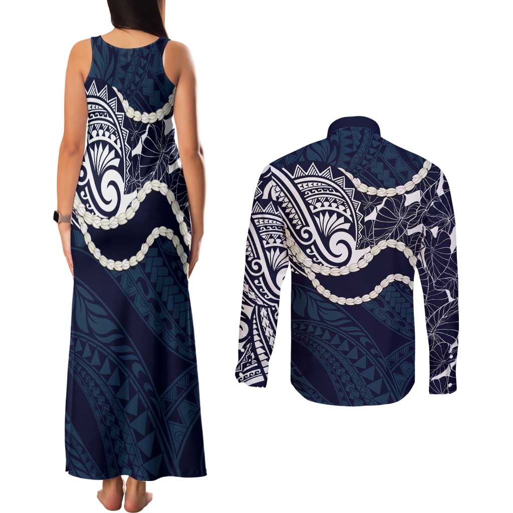 Aloha Hawaii Kalo Pikake Lei Couples Matching Tank Maxi Dress and Long Sleeve Button Shirt Chest Tattoo Oxford Blue Hawaiian Pattern LT14 - Polynesian Pride