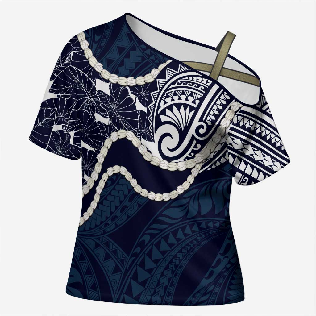 Aloha Hawaii Kalo Pikake Lei Cross Shoulder Shirt Chest Tattoo Oxford Blue Hawaiian Pattern