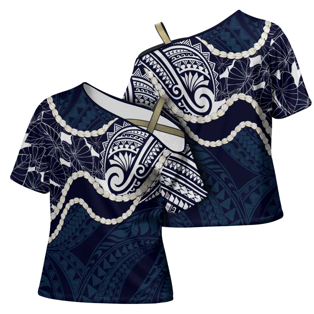 Aloha Hawaii Kalo Pikake Lei Cross Shoulder Shirt Chest Tattoo Oxford Blue Hawaiian Pattern