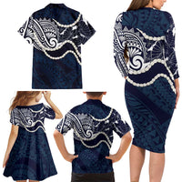 Aloha Hawaii Kalo Pikake Lei Family Matching Long Sleeve Bodycon Dress and Hawaiian Shirt Chest Tattoo Oxford Blue Hawaiian Pattern LT14 - Polynesian Pride