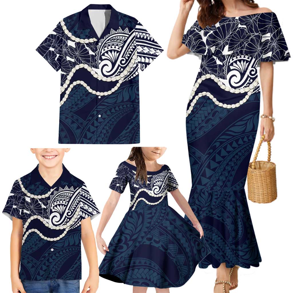 Aloha Hawaii Kalo Pikake Lei Family Matching Mermaid Dress and Hawaiian Shirt Chest Tattoo Oxford Blue Hawaiian Pattern