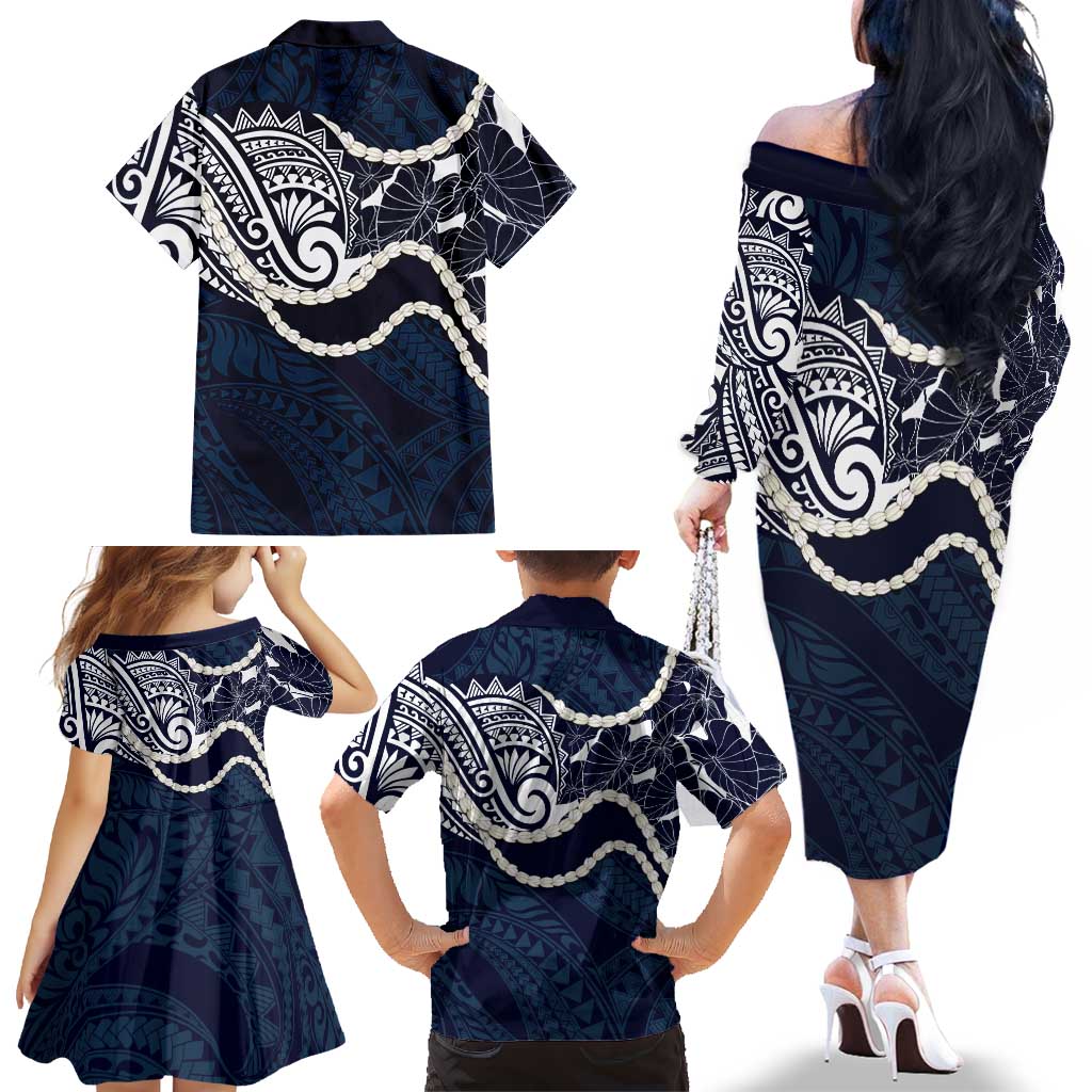Aloha Hawaii Kalo Pikake Lei Family Matching Off The Shoulder Long Sleeve Dress and Hawaiian Shirt Chest Tattoo Oxford Blue Hawaiian Pattern LT14 - Polynesian Pride