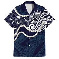 Aloha Hawaii Kalo Pikake Lei Family Matching Off Shoulder Maxi Dress and Hawaiian Shirt Chest Tattoo Oxford Blue Hawaiian Pattern LT14 Dad's Shirt - Short Sleeve Oxford Blue - Polynesian Pride