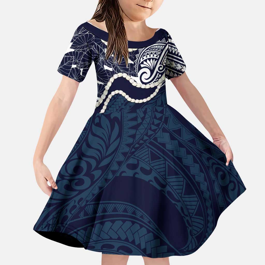 Aloha Hawaii Kalo Pikake Lei Family Matching Off Shoulder Short Dress and Hawaiian Shirt Chest Tattoo Oxford Blue Hawaiian Pattern LT14 Daughter's Dress Oxford Blue - Polynesian Pride
