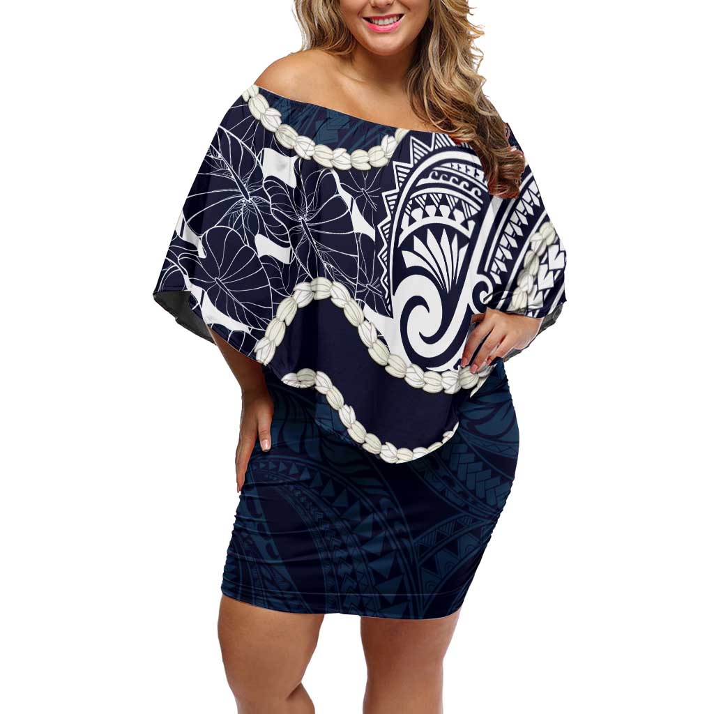Aloha Hawaii Kalo Pikake Lei Family Matching Off Shoulder Short Dress and Hawaiian Shirt Chest Tattoo Oxford Blue Hawaiian Pattern LT14 Mom's Dress Oxford Blue - Polynesian Pride