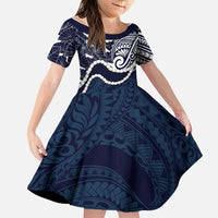 Aloha Hawaii Kalo Pikake Lei Family Matching Short Sleeve Bodycon Dress and Hawaiian Shirt Chest Tattoo Oxford Blue Hawaiian Pattern LT14 Daughter's Dress Oxford Blue - Polynesian Pride