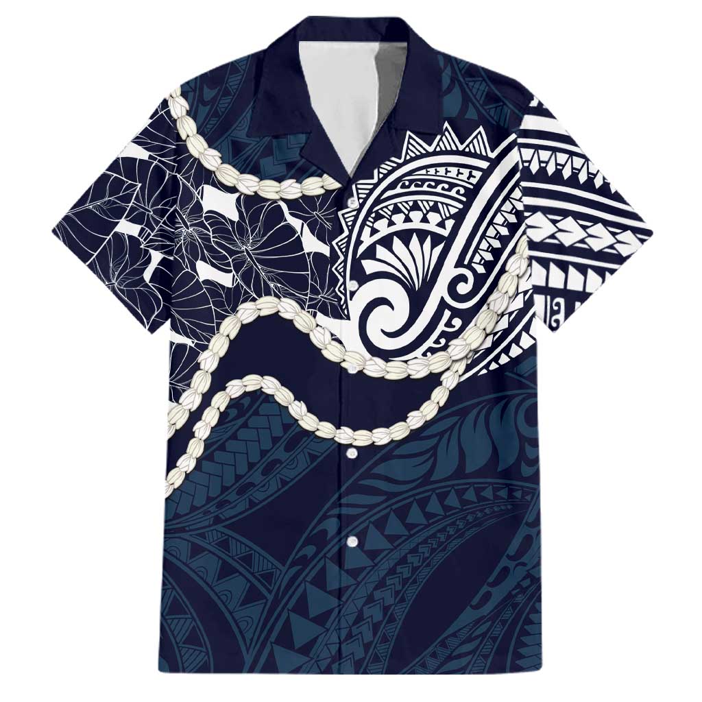 Aloha Hawaii Kalo Pikake Lei Family Matching Summer Maxi Dress and Hawaiian Shirt Chest Tattoo Oxford Blue Hawaiian Pattern LT14 Dad's Shirt - Short Sleeve Oxford Blue - Polynesian Pride