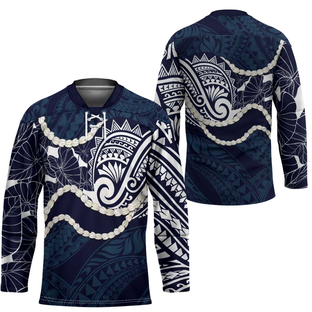 Aloha Hawaii Kalo Pikake Lei Hockey Jersey Chest Tattoo Oxford Blue Hawaiian Pattern