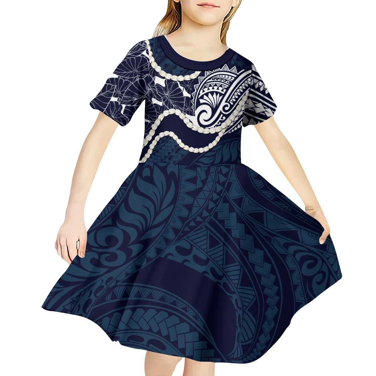 Aloha Hawaii Kalo Pikake Lei Kid Short Sleeve Dress Chest Tattoo Oxford Blue Hawaiian Pattern