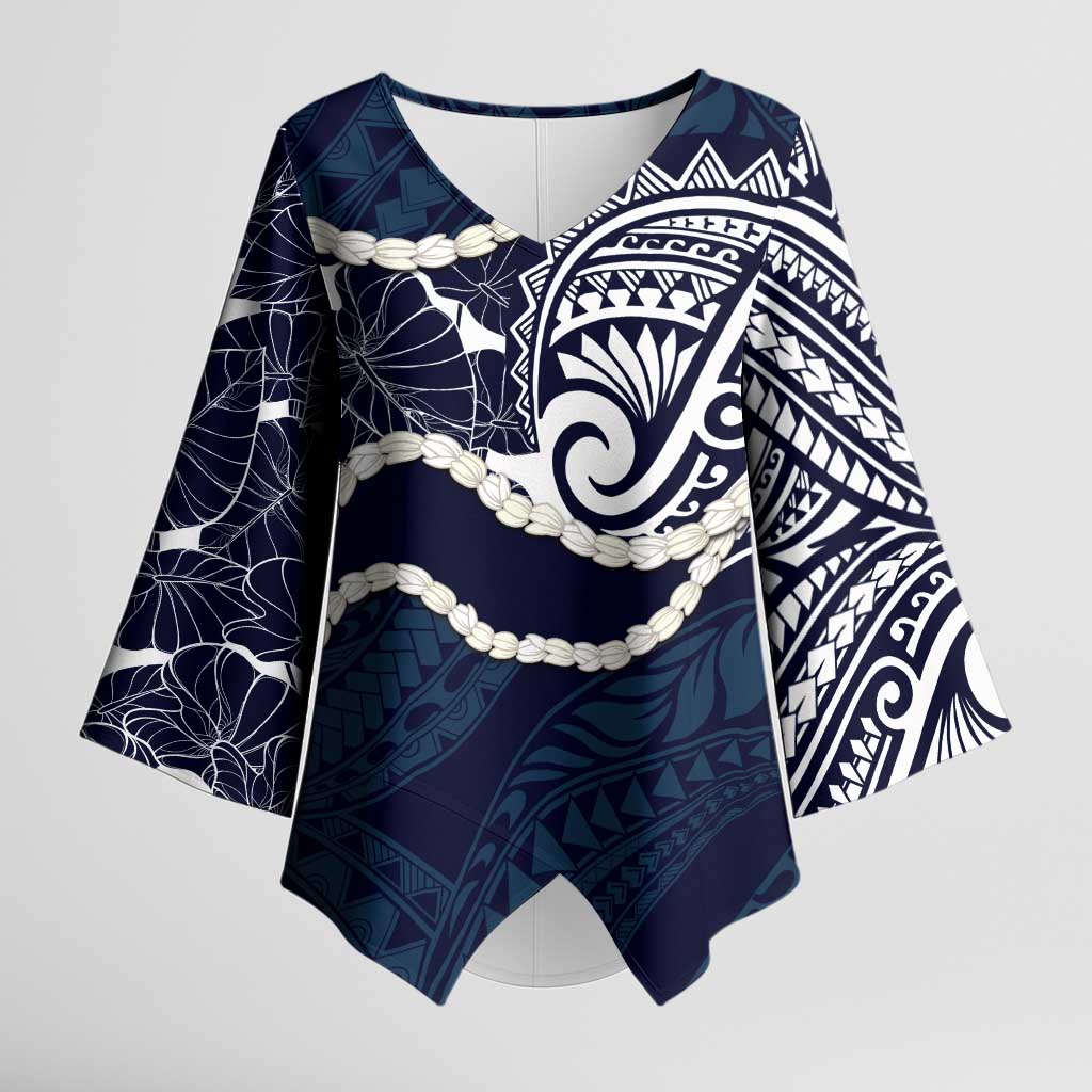 Aloha Hawaii Kalo Pikake Lei Kimono Sleeve Blouse Chest Tattoo Oxford Blue Hawaiian Pattern