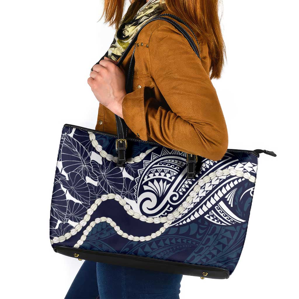 Aloha Hawaii Kalo Pikake Lei Leather Tote Bag Chest Tattoo Oxford Blue Hawaiian Pattern