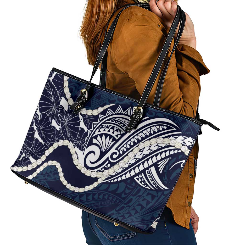 Aloha Hawaii Kalo Pikake Lei Leather Tote Bag Chest Tattoo Oxford Blue Hawaiian Pattern