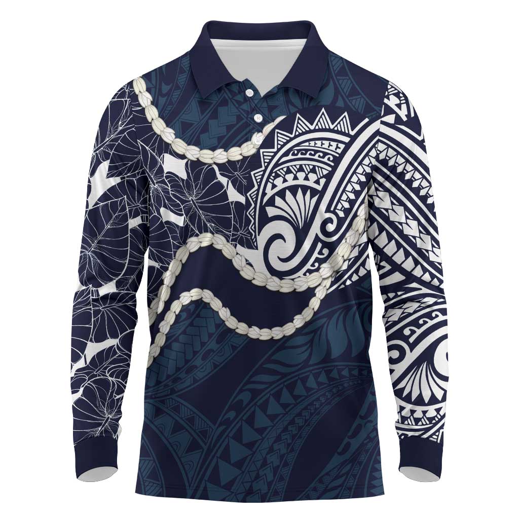 Aloha Hawaii Kalo Pikake Lei Long Sleeve Polo Shirt Chest Tattoo Oxford Blue Hawaiian Pattern