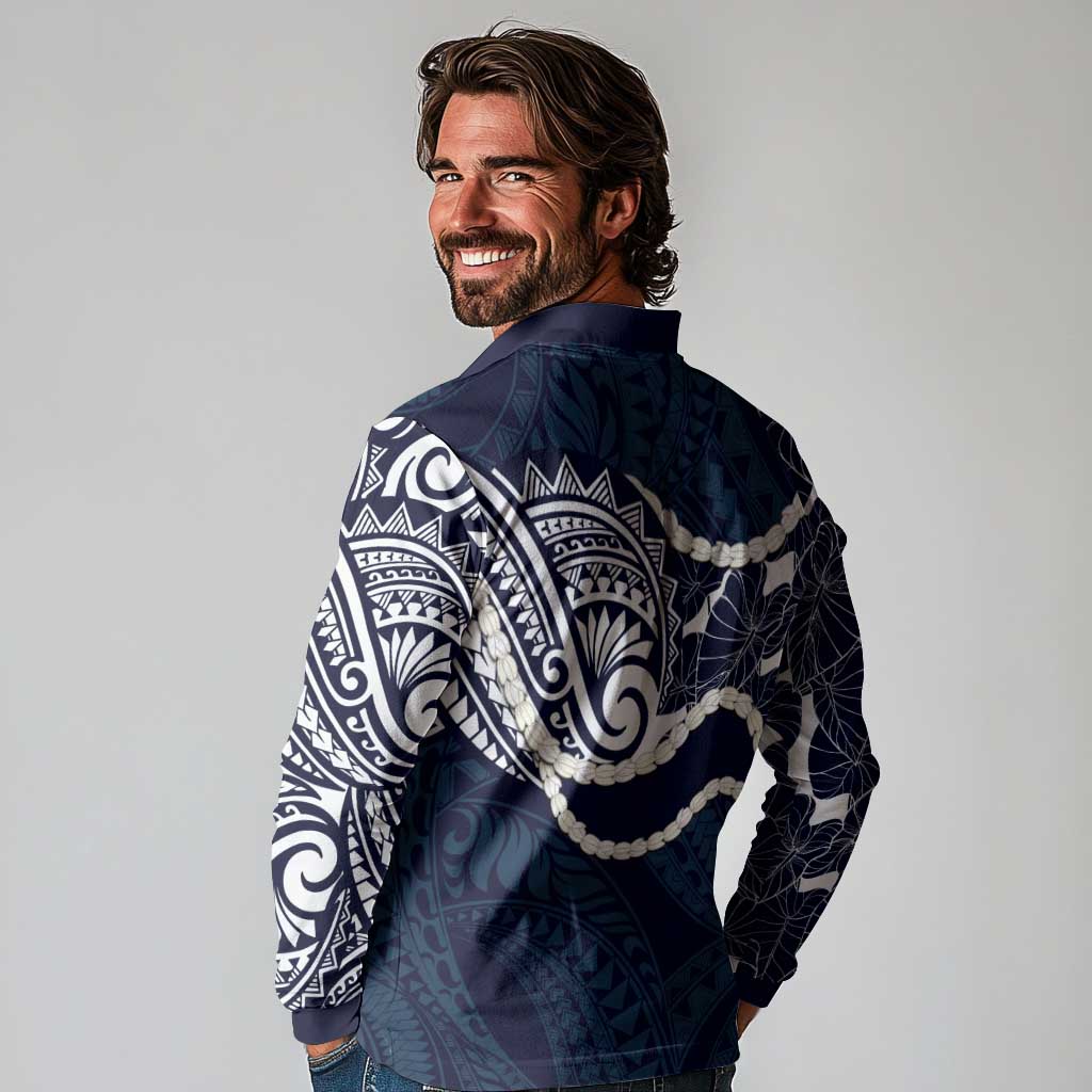 Aloha Hawaii Kalo Pikake Lei Long Sleeve Polo Shirt Chest Tattoo Oxford Blue Hawaiian Pattern