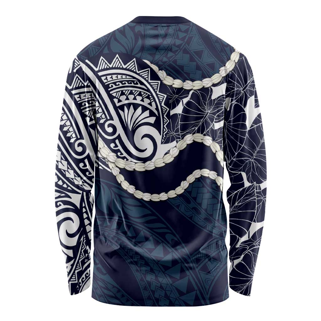 Aloha Hawaii Kalo Pikake Lei Long Sleeve Shirt Chest Tattoo Oxford Blue Hawaiian Pattern
