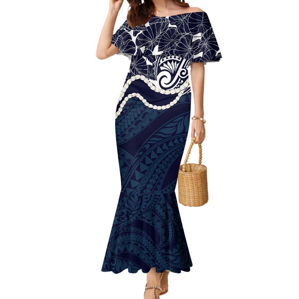 Aloha Hawaii Kalo Pikake Lei Mermaid Dress Chest Tattoo Oxford Blue Hawaiian Pattern