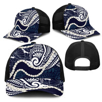 Aloha Hawaii Kalo Pikake Lei Mesh Trucker Cap Chest Tattoo Oxford Blue Hawaiian Pattern