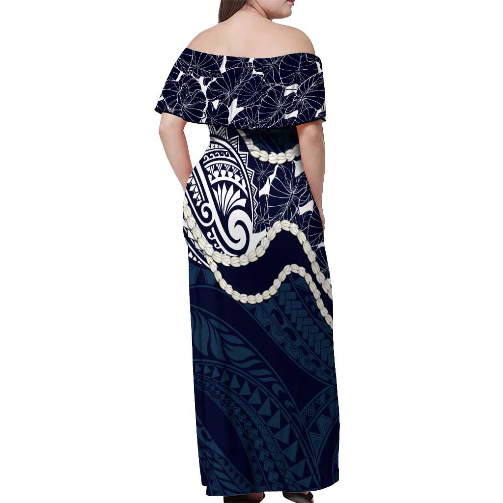 Aloha Hawaii Kalo Pikake Lei Off Shoulder Maxi Dress Chest Tattoo Oxford Blue Hawaiian Pattern