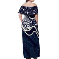 Aloha Hawaii Kalo Pikake Lei Off Shoulder Maxi Dress Chest Tattoo Oxford Blue Hawaiian Pattern