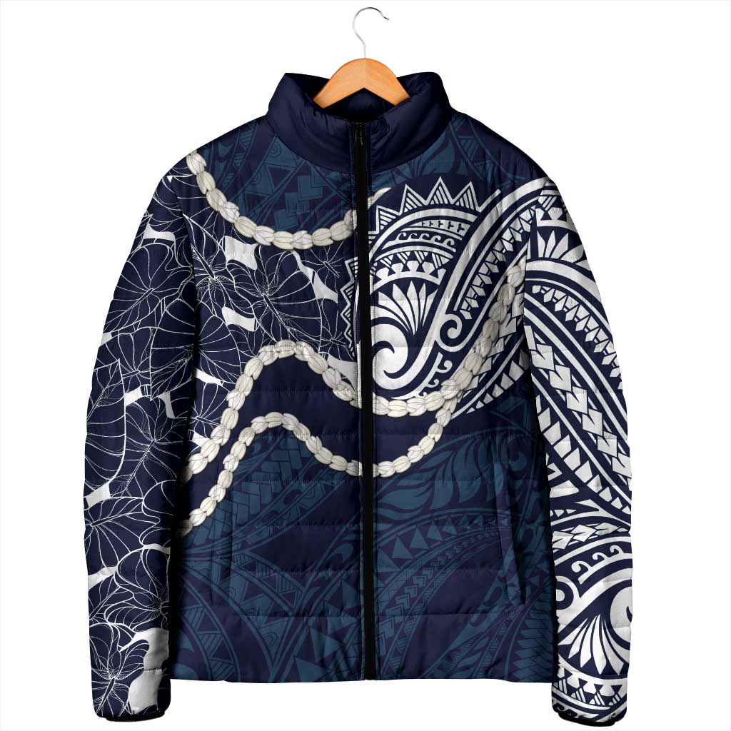 Aloha Hawaii Kalo Pikake Lei Padded Jacket Chest Tattoo Oxford Blue Hawaiian Pattern
