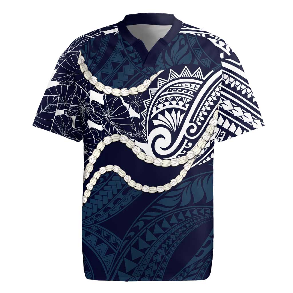 Aloha Hawaii Kalo Pikake Lei Rugby Jersey Chest Tattoo Oxford Blue Hawaiian Pattern