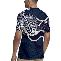 Aloha Hawaii Kalo Pikake Lei Rugby Jersey Chest Tattoo Oxford Blue Hawaiian Pattern