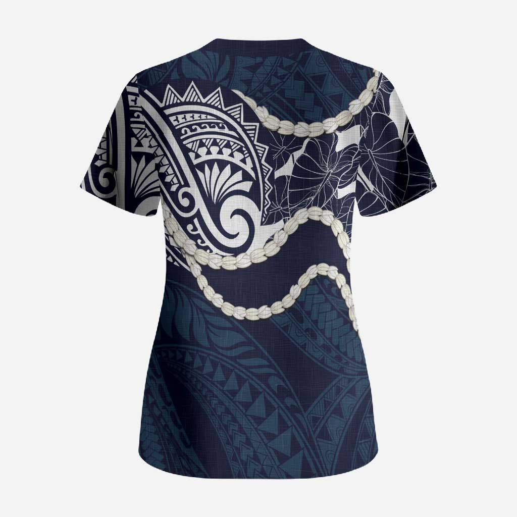 Aloha Hawaii Kalo Pikake Lei Scrub Top Chest Tattoo Oxford Blue Hawaiian Pattern