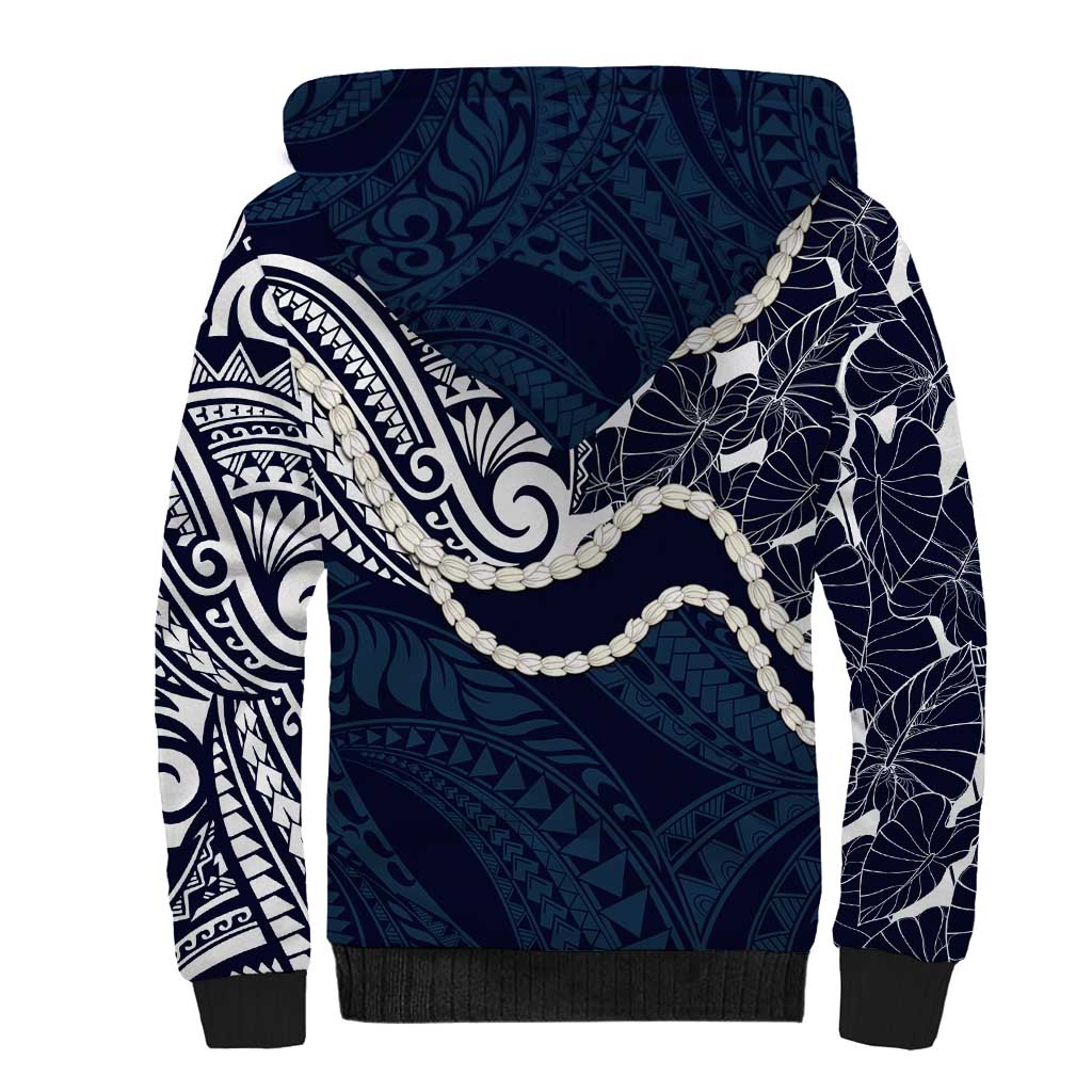 Aloha Hawaii Kalo Pikake Lei Sherpa Hoodie Chest Tattoo Oxford Blue Hawaiian Pattern LT14 - Polynesian Pride