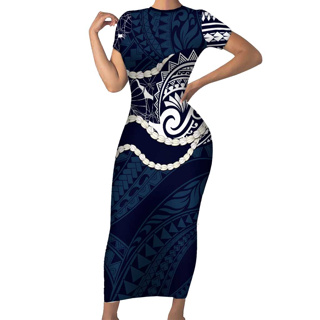 Aloha Hawaii Kalo Pikake Lei Short Sleeve Bodycon Dress Chest Tattoo Oxford Blue Hawaiian Pattern