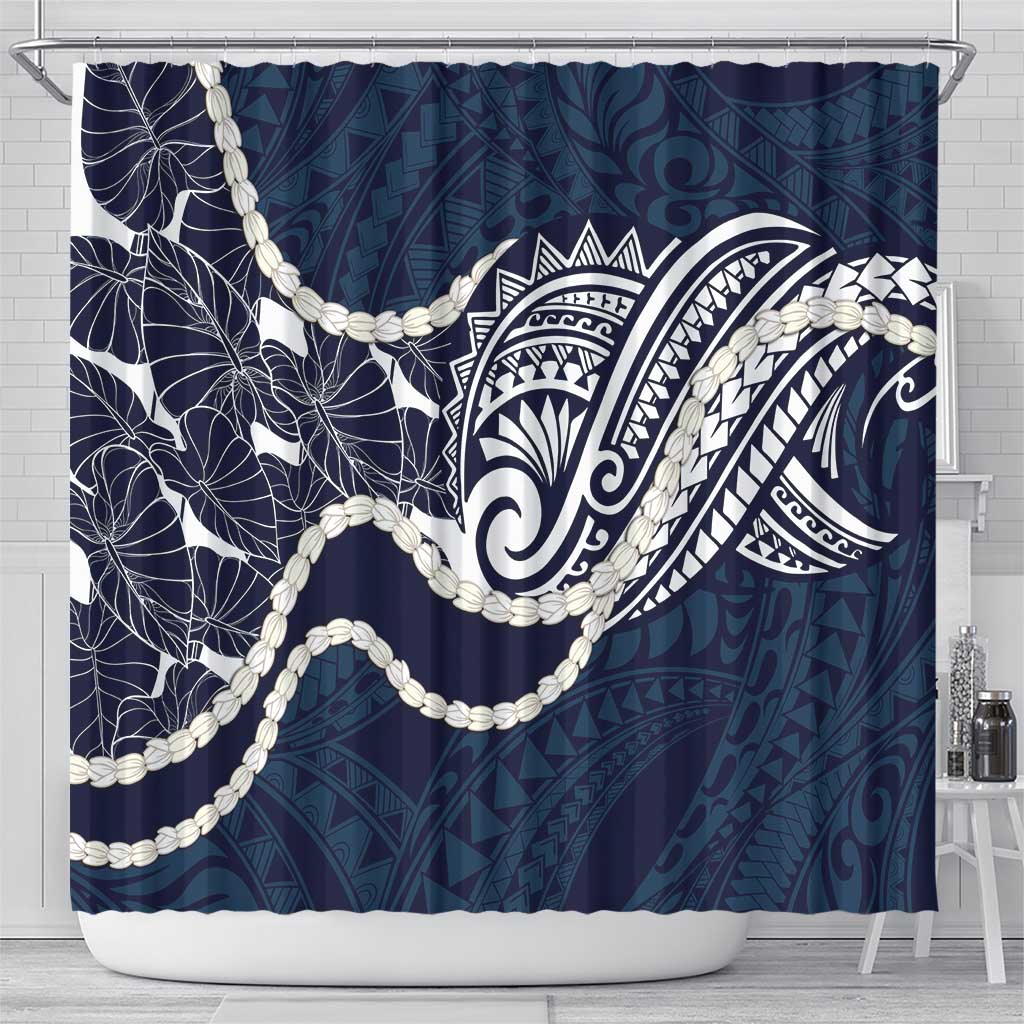 Aloha Hawaii Kalo Pikake Lei Shower Curtain Chest Tattoo Oxford Blue Hawaiian Pattern