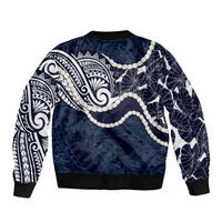 Aloha Hawaii Kalo Pikake Lei Sleeve Zip Bomber Jacket Chest Tattoo Oxford Blue Hawaiian Pattern