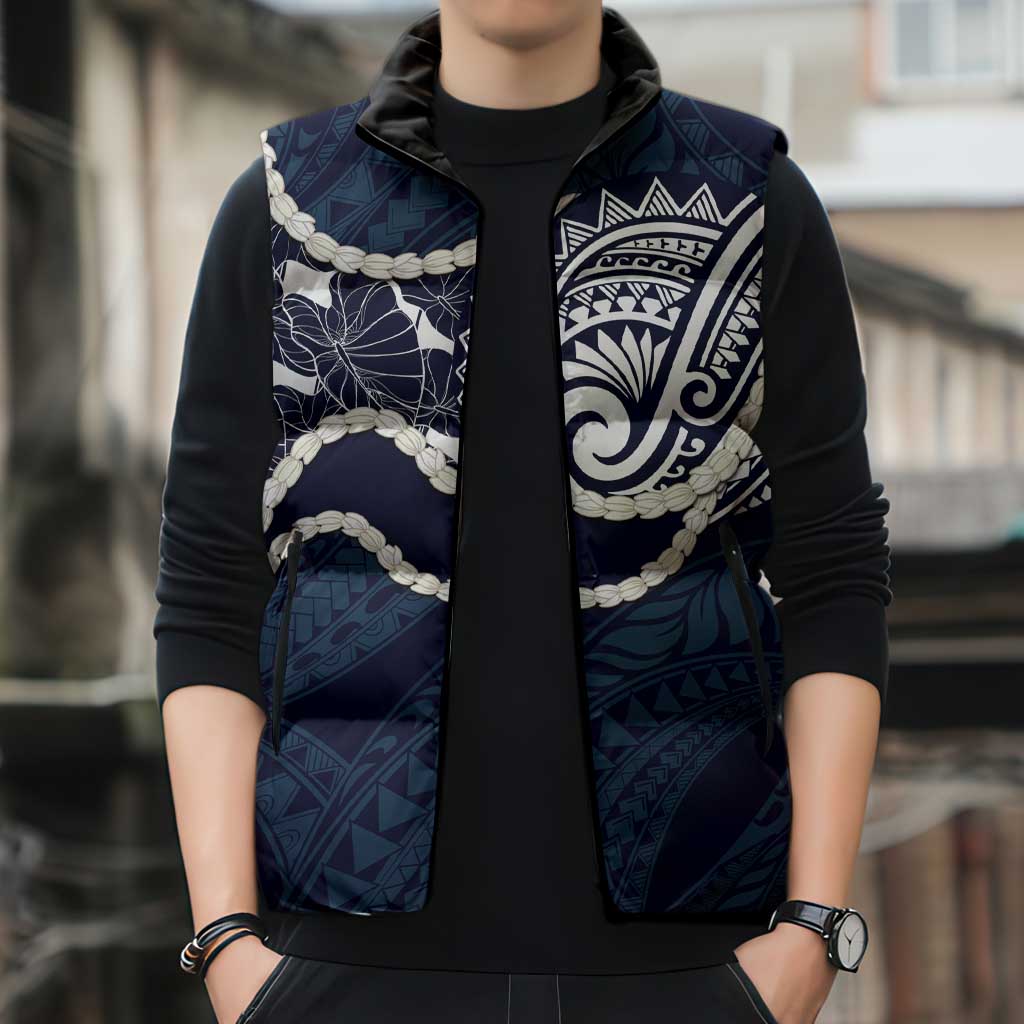 Aloha Hawaii Kalo Pikake Lei Sleeveless Puffer Jacket Chest Tattoo Oxford Blue Hawaiian Pattern